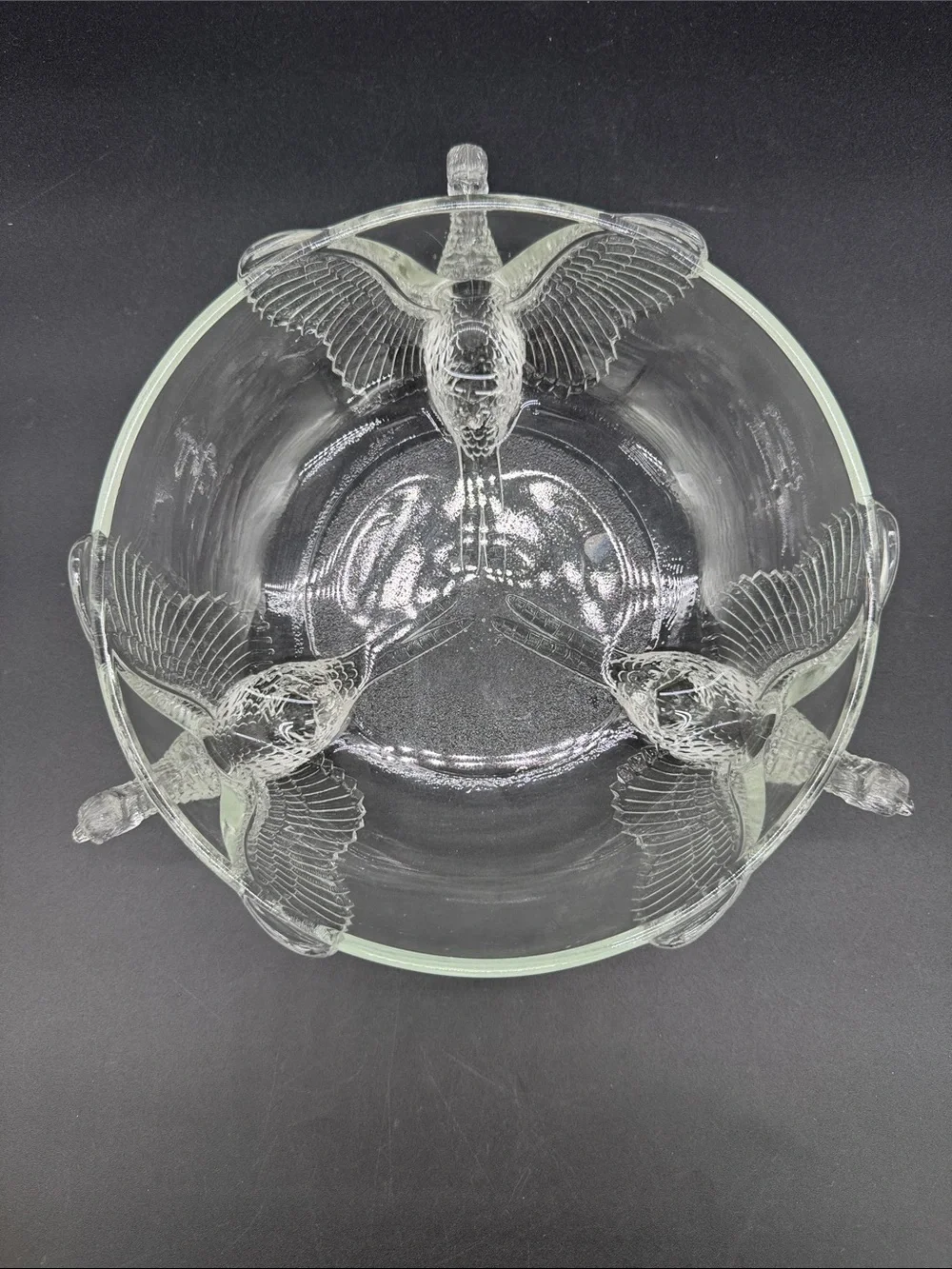 Jeanette Glass Molded Pheasants Centerpiece Clear Glassware Bowl 3-Footed